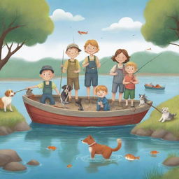 A delightful, simplistically styled cartoon scene for a children's book, portraying the whole community: kids, adults, and their pets, joyfully participating in a 'Fishing Fun Day'.