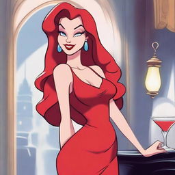 A Disney animation of Jessica Rabbit, capturing her iconic look with her red hair, glamorous red dress, and sultry expression