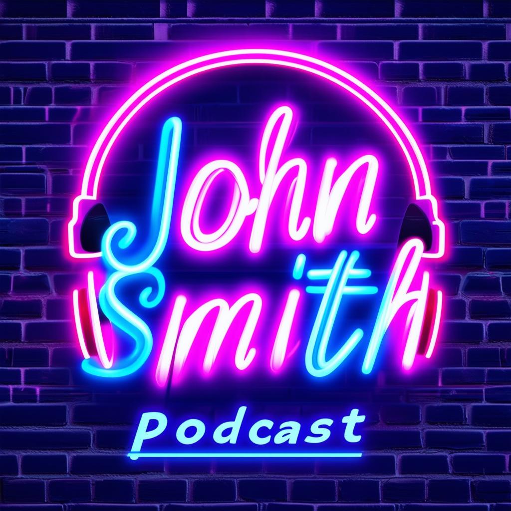 Create a vibrant neon podcast logo titled 'John Smith Podcast' with a brick wall background, glowing neon text, and elements like a neon microphone or headphones