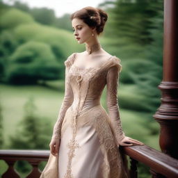 A beautiful Victorian woman dressed in a tight, elegant gown