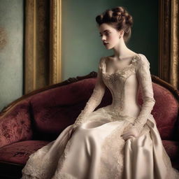 A beautiful Victorian woman dressed in a tight, elegant gown