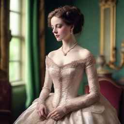 A beautiful Victorian woman dressed in a tight, elegant gown