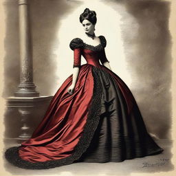 A beautiful Victorian woman dressed in a tight, elegant red and black gown, with a voluptuous figure