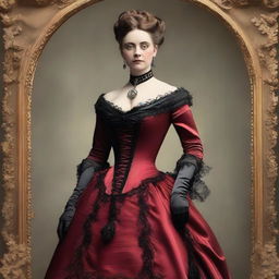 A beautiful Victorian woman dressed in a tight, elegant red and black gown, with a voluptuous figure