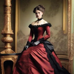 A beautiful Victorian woman dressed in a tight, elegant red and black gown, with a voluptuous figure