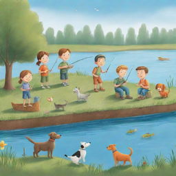 A delightful, simplistically styled cartoon scene for a children's book, portraying the whole community: kids, adults, and their pets, joyfully participating in a 'Fishing Fun Day'.