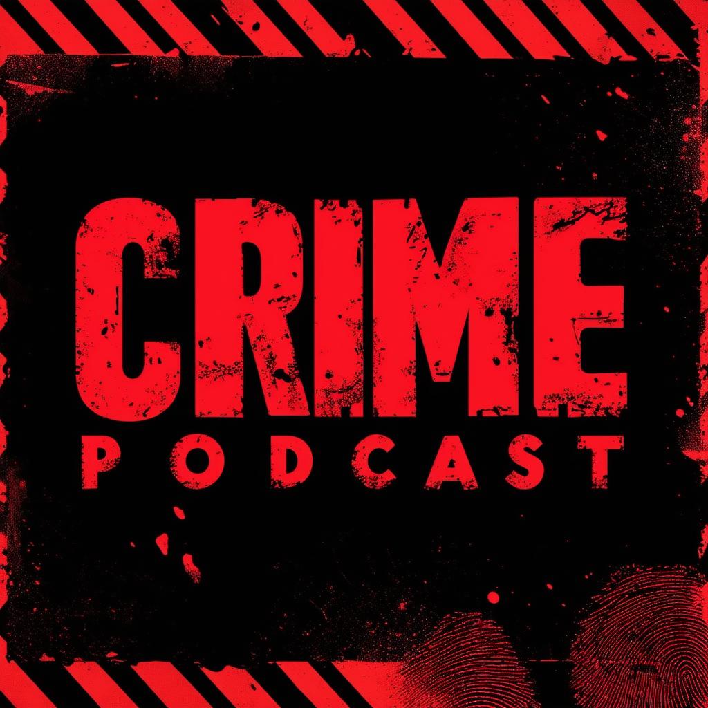 Create a gripping podcast logo titled 'Crime Podcast' with a dark and mysterious aesthetic