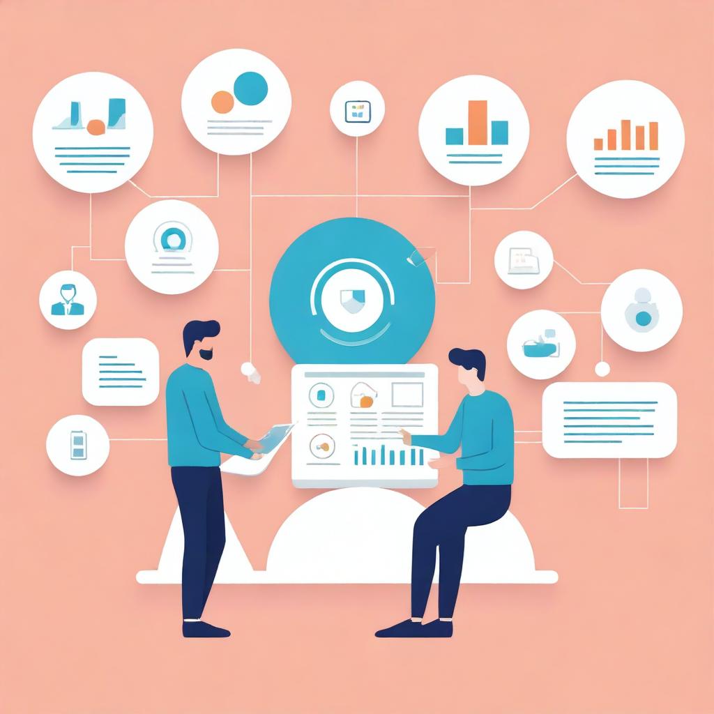 A modern and sleek illustration of management systems, showcasing interconnected digital interfaces, data analytics, and team collaboration tools