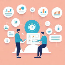 A modern and sleek illustration of management systems, showcasing interconnected digital interfaces, data analytics, and team collaboration tools