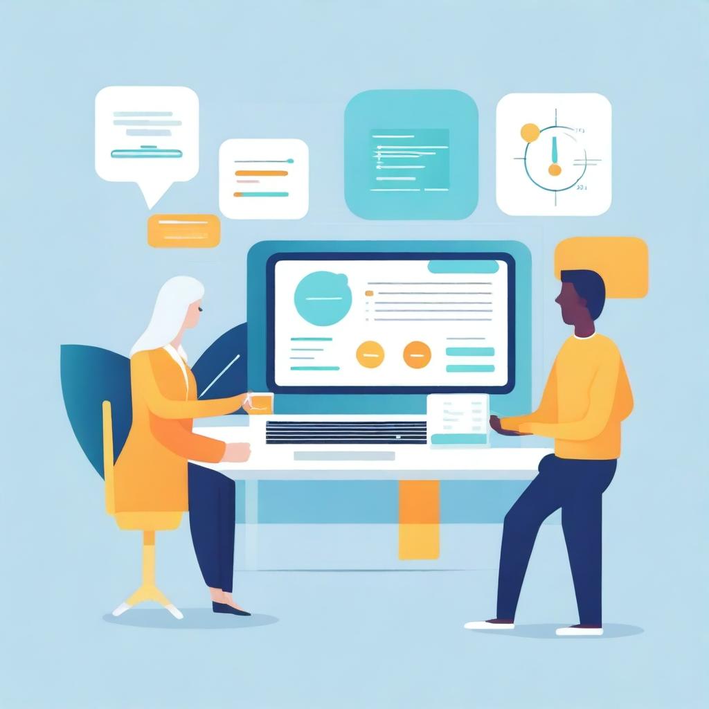 A modern and sleek illustration of management systems, showcasing interconnected digital interfaces, data analytics, and team collaboration tools