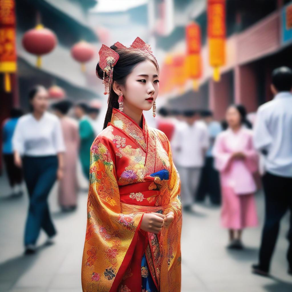 A Chinese girl is watching a traditional Yingge dance performance on the street