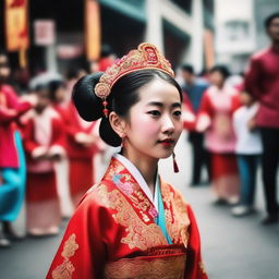 A Chinese girl is watching a traditional Yingge dance performance on the street