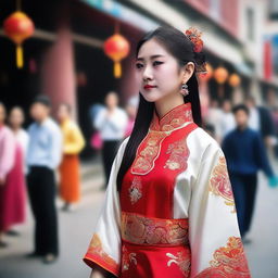 A Chinese girl is watching a traditional Yingge dance performance on the street