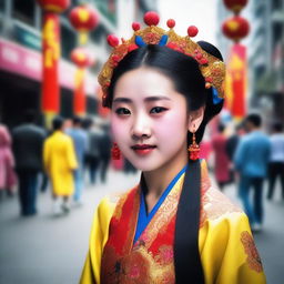 A Chinese girl is watching a traditional Yingge dance performance on the street