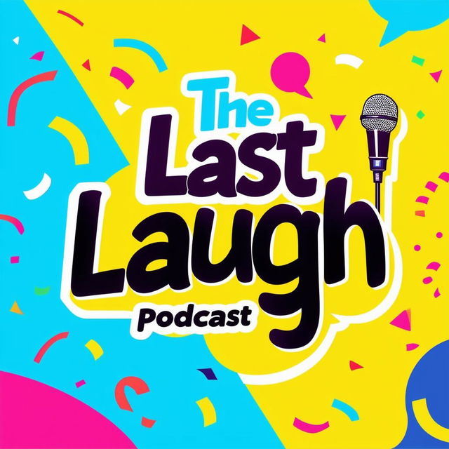 Design a lively and humorous podcast logo titled 'The Last Laugh' with bright colors, playful font, and elements like a comedy microphone or laughing face