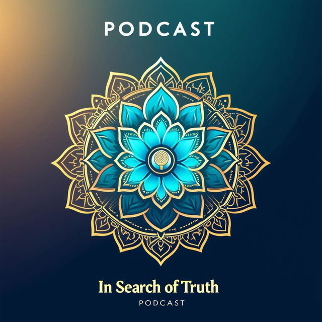 Design a serene and inspiring podcast logo titled 'In Search of Truth' with calming colors, spiritual elements like a lotus or mandala, and an elegant font