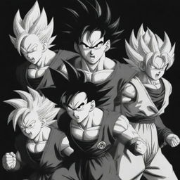 Black and white depiction of Dragon Ball Z characters displaying dynamic poses and power