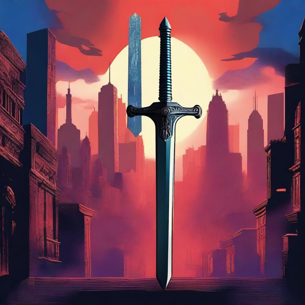 A double edged sword with a detailed hilt, placed in the center of a red and blue cinematic background