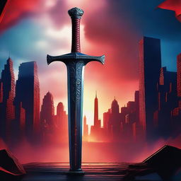 A double edged sword with a detailed hilt, placed in the center of a red and blue cinematic background