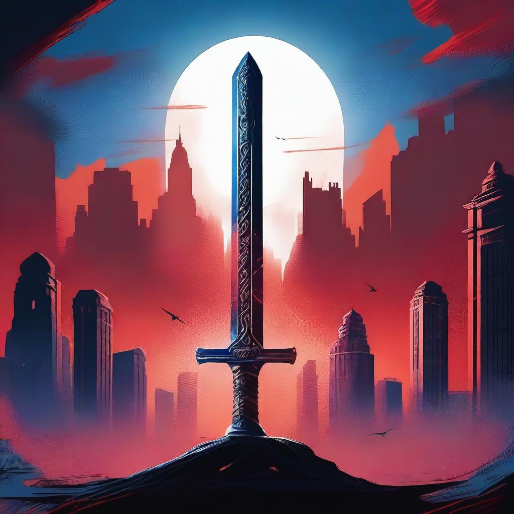 A double edged sword with a detailed hilt, placed in the center of a red and blue cinematic background