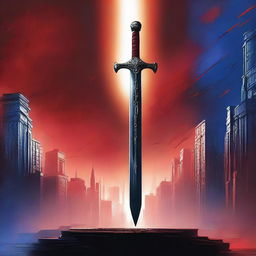 A double edged sword with a detailed hilt, placed in the center of a red and blue cinematic background