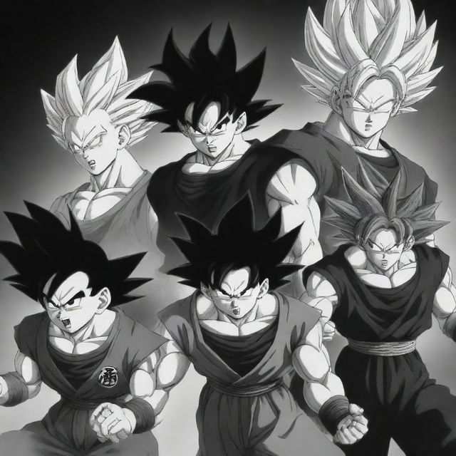 Black and white depiction of Dragon Ball Z characters displaying dynamic poses and power