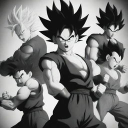 Black and white depiction of Dragon Ball Z characters displaying dynamic poses and power