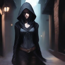 A detailed fantasy illustration of a female changeling rogue