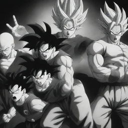 Black and white depiction of Dragon Ball Z characters displaying dynamic poses and power