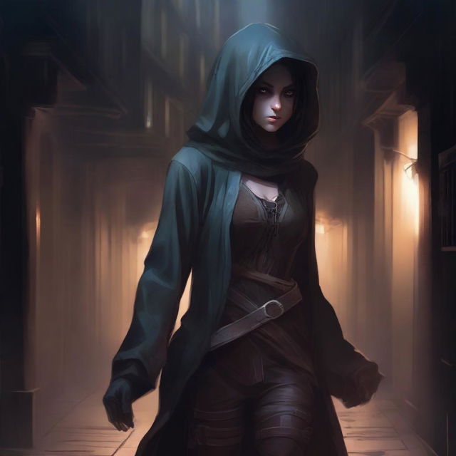 A detailed fantasy illustration of a female changeling rogue