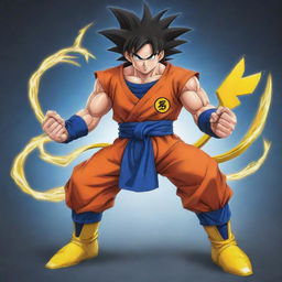 An imaginative fusion of Goku from Dragon Ball Z and Pikachu from Pokémon, combining Goku's strong physique and attire with Pikachu's charismatic features and electric powers.