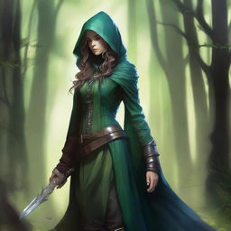 A detailed fantasy illustration of a female changeling rogue in a lighter setting