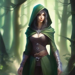 A detailed fantasy illustration of a female changeling rogue in a lighter setting