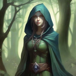 A detailed fantasy illustration of a female changeling rogue in a lighter setting