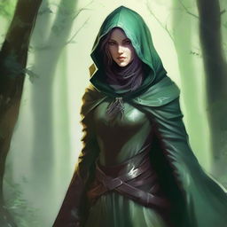 A detailed fantasy illustration of a female changeling rogue in a lighter setting