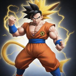 An imaginative fusion of Goku from Dragon Ball Z and Pikachu from Pokémon, combining Goku's strong physique and attire with Pikachu's charismatic features and electric powers.