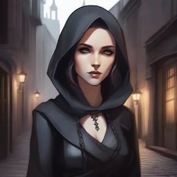 A detailed illustration of a female changeling rogue with a light face