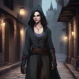 A detailed illustration of a female changeling rogue with a light face