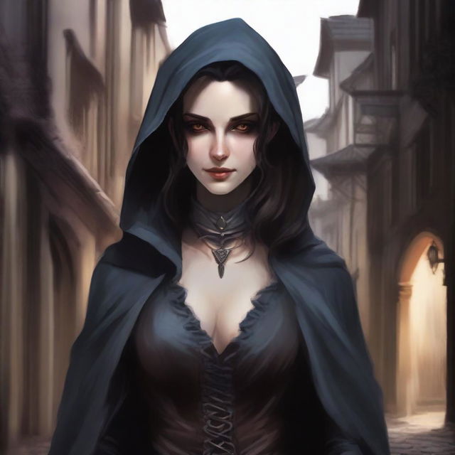 A detailed illustration of a female changeling rogue with a light face