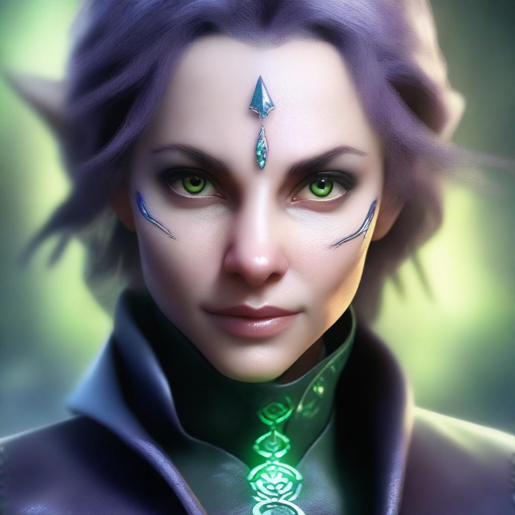 A close-up face portrait of a female changeling rogue with a light complexion