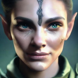 A close-up face portrait of a female changeling rogue with a light complexion