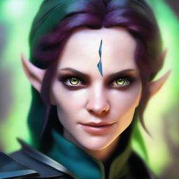 A close-up face portrait of a female changeling rogue with a light complexion