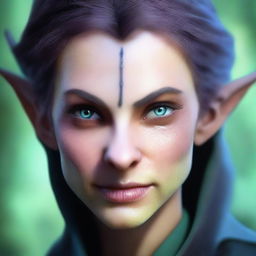 A close-up face portrait of a female changeling rogue with a light complexion