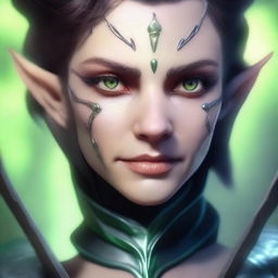 A close-up face portrait of a female changeling rogue with a light complexion