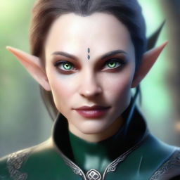 A close-up face portrait of a female changeling rogue with a light complexion