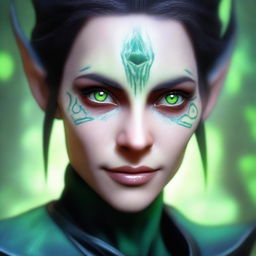 A close-up face portrait of a female changeling rogue with a light complexion