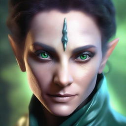 A close-up face portrait of a female changeling rogue with a light complexion