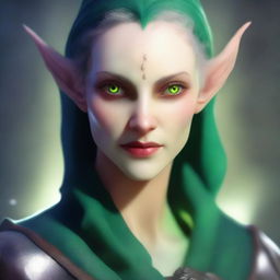 A close-up face portrait of a female changeling rogue with a light complexion