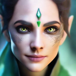 A close-up face portrait of a female changeling rogue with a light complexion