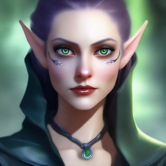 A close-up face portrait of a female changeling rogue with a light complexion